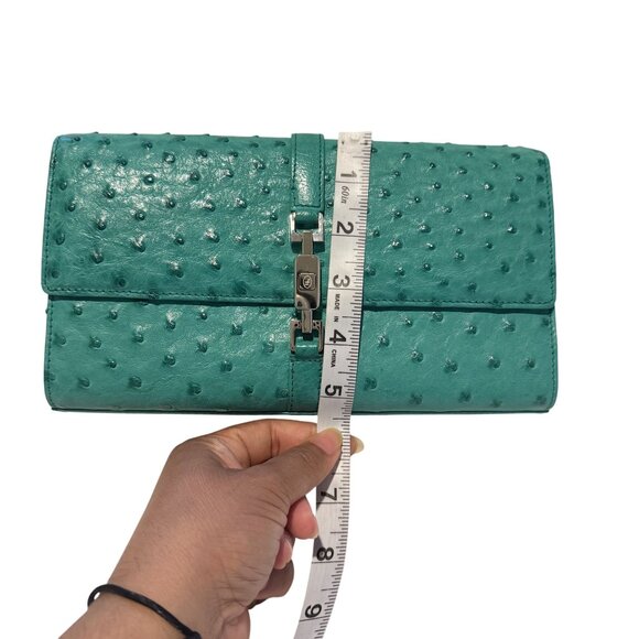 Lorenzi Genuine Ostrich Leather Womens Green Silver Hardware logo Purse - Picture 8 of 9